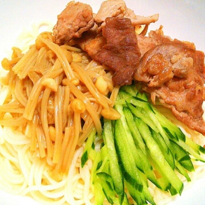 短い素麺で食べやすい♪レンチンなめ茸と豚ぶっかけ♡